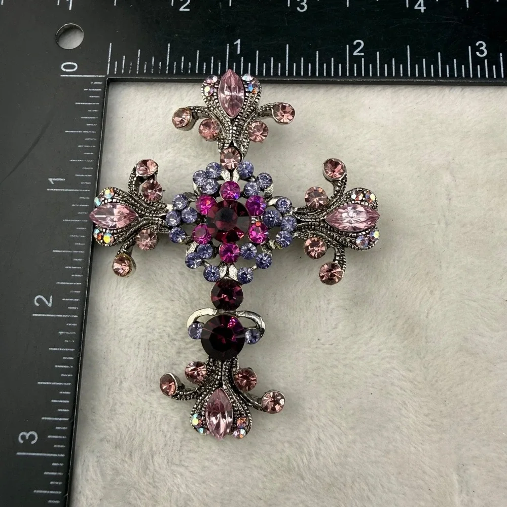 Rhinestone Cross Brooch Silver Tone Purple Pink Pendant Bale